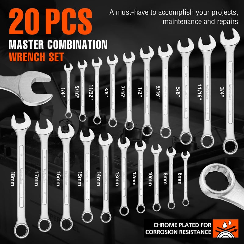 ValueMax Mechanics Wrench Set Metric and Standard  20PCS Complete Combination Wrenches Roll Set. SAE 1/4"" to 3/4""  Metric 6mm to 18mm  Full Wrench Set with Roll up Pouch - Image 2
